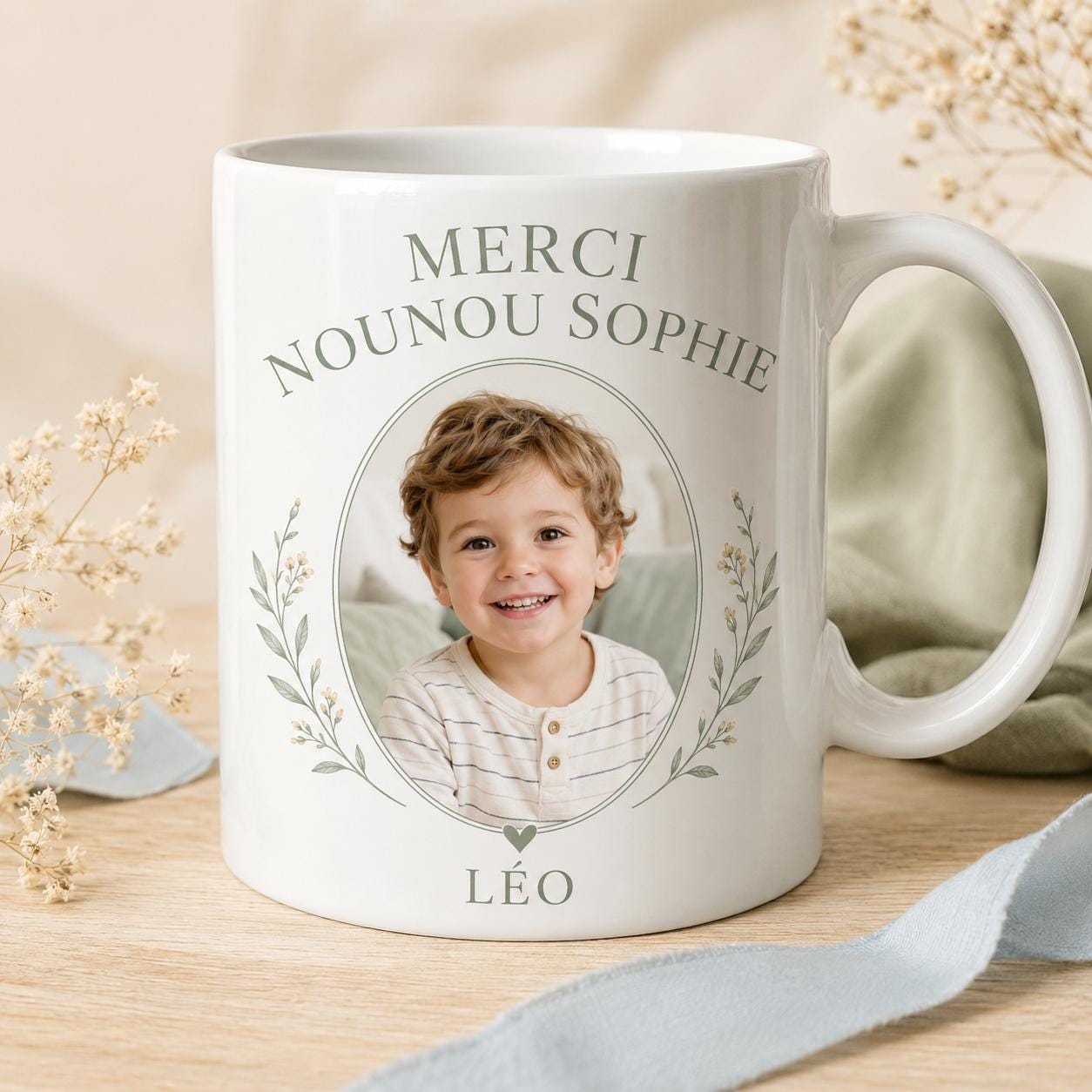 Mug nounou personnalisé avec photo enfant, tasse merci nounou, cadeau assistante maternelle avec prénom et message