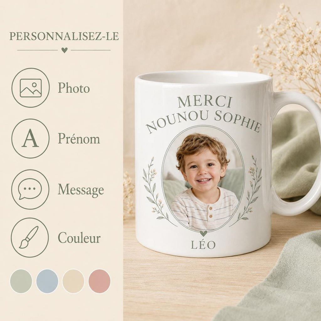 Mug nounou personnalisé avec photo enfant, tasse merci nounou, cadeau assistante maternelle avec prénom et message