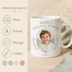 Mug nounou personnalisé avec photo enfant, tasse merci nounou, cadeau assistante maternelle avec prénom et message
