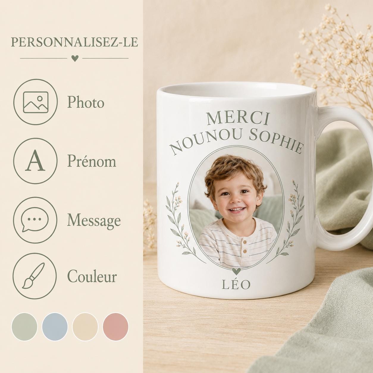 Mug nounou personnalisé avec photo enfant, tasse merci nounou, cadeau assistante maternelle avec prénom et message