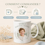 Mug nounou personnalisé avec photo enfant, tasse merci nounou, cadeau assistante maternelle avec prénom et message