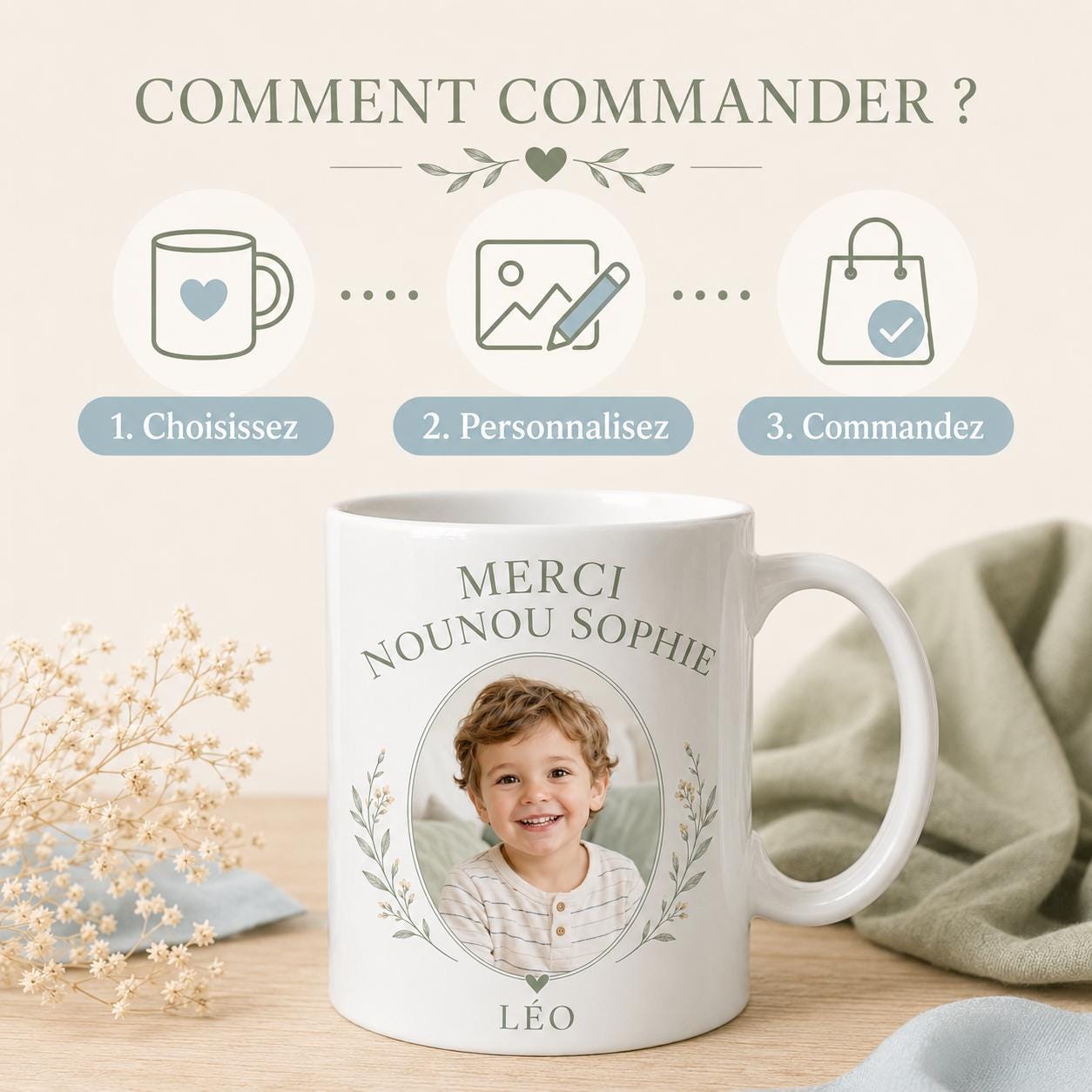 Mug nounou personnalisé avec photo enfant, tasse merci nounou, cadeau assistante maternelle avec prénom et message