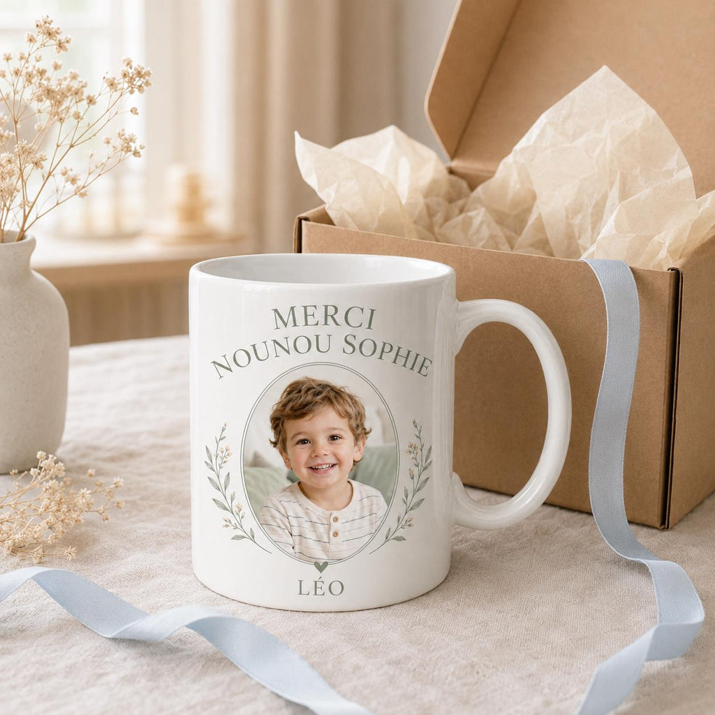 Mug nounou personnalisé avec photo enfant, tasse merci nounou, cadeau assistante maternelle avec prénom et message
