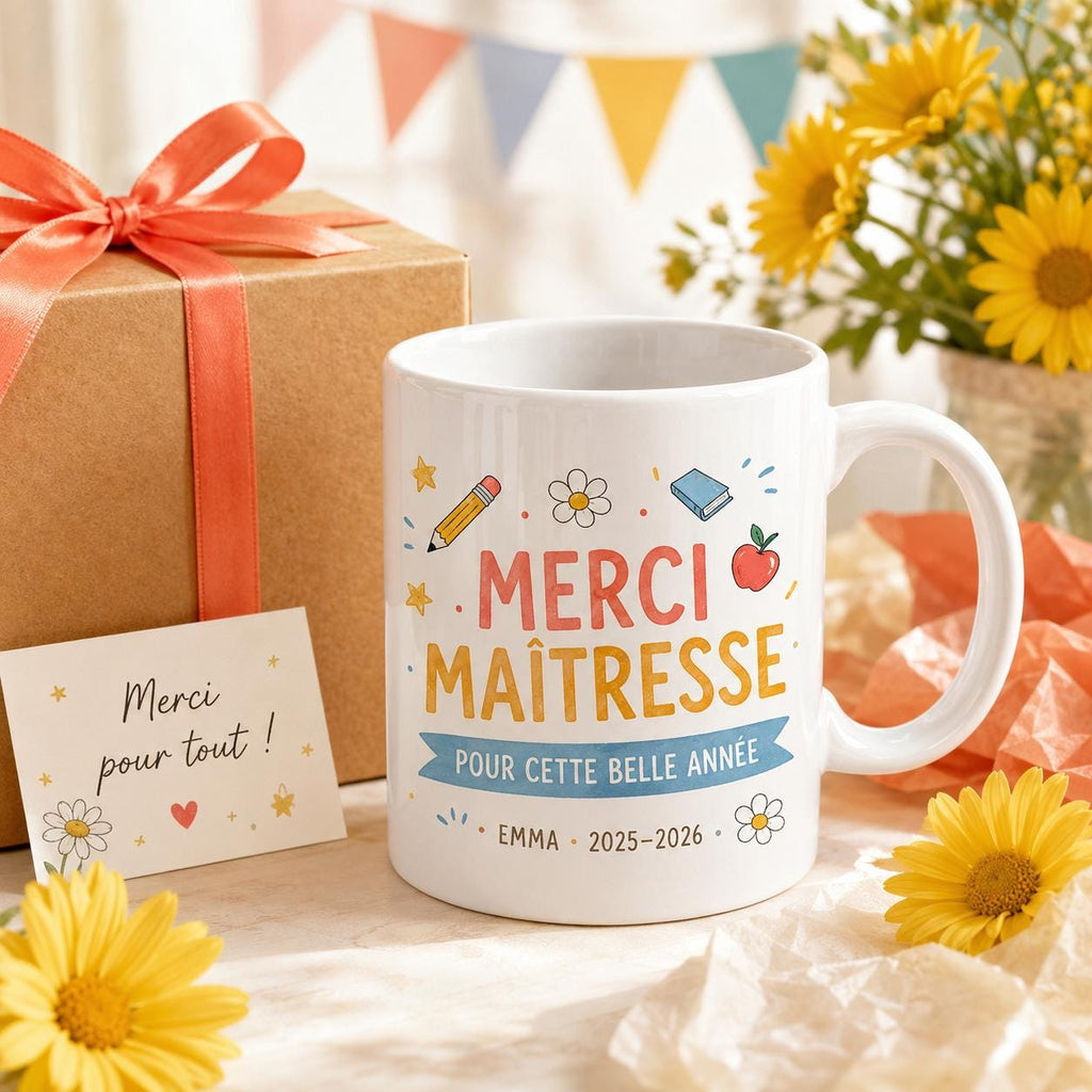 Mug merci maîtresse personnalisé fin d’année scolaire, cadeau institutrice, tasse prénom enfant pour enseignante