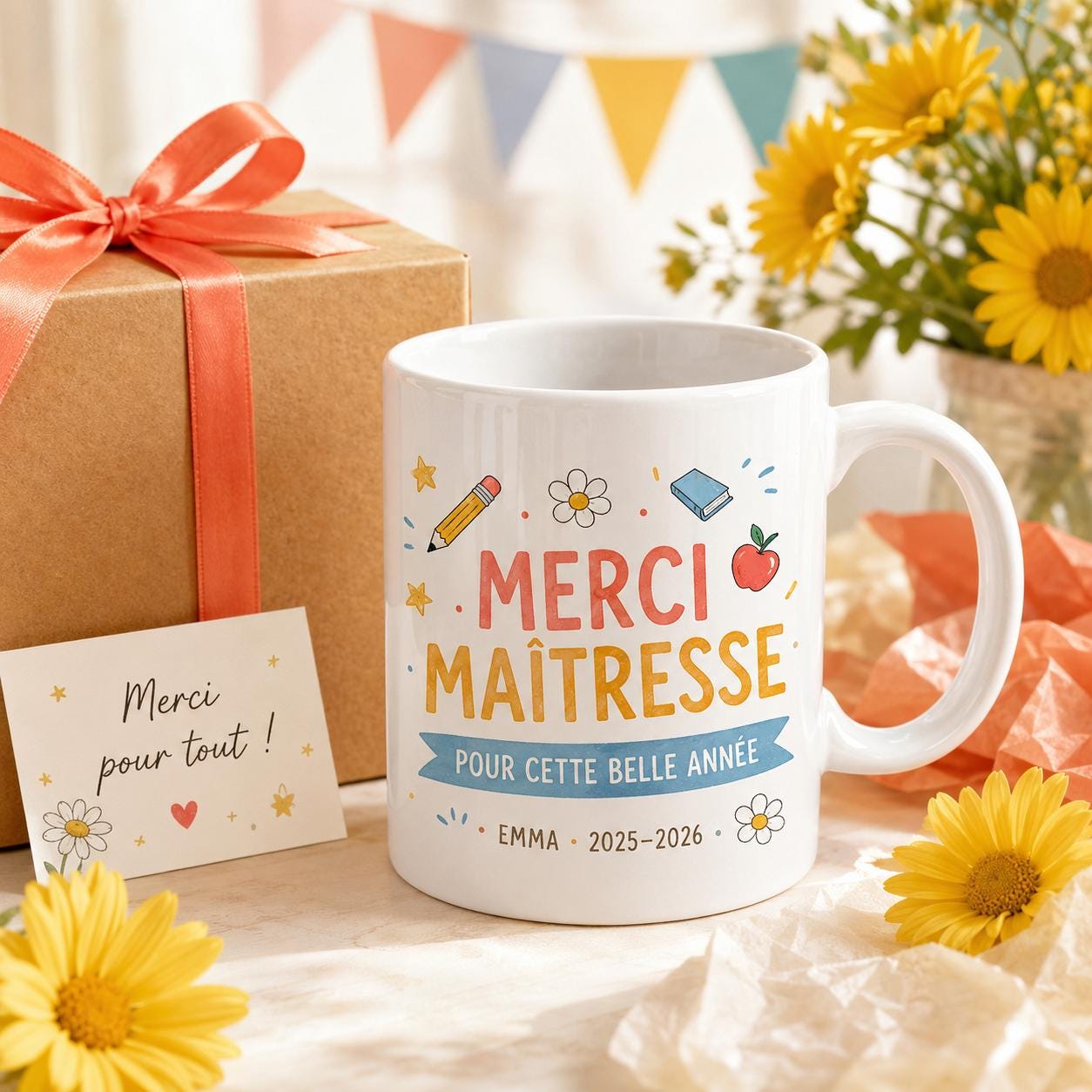 Mug merci maîtresse personnalisé fin d’année scolaire, cadeau institutrice, tasse prénom enfant pour enseignante