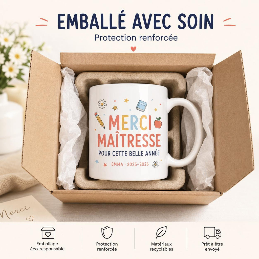Mug merci maîtresse personnalisé fin d’année scolaire, cadeau institutrice, tasse prénom enfant pour enseignante