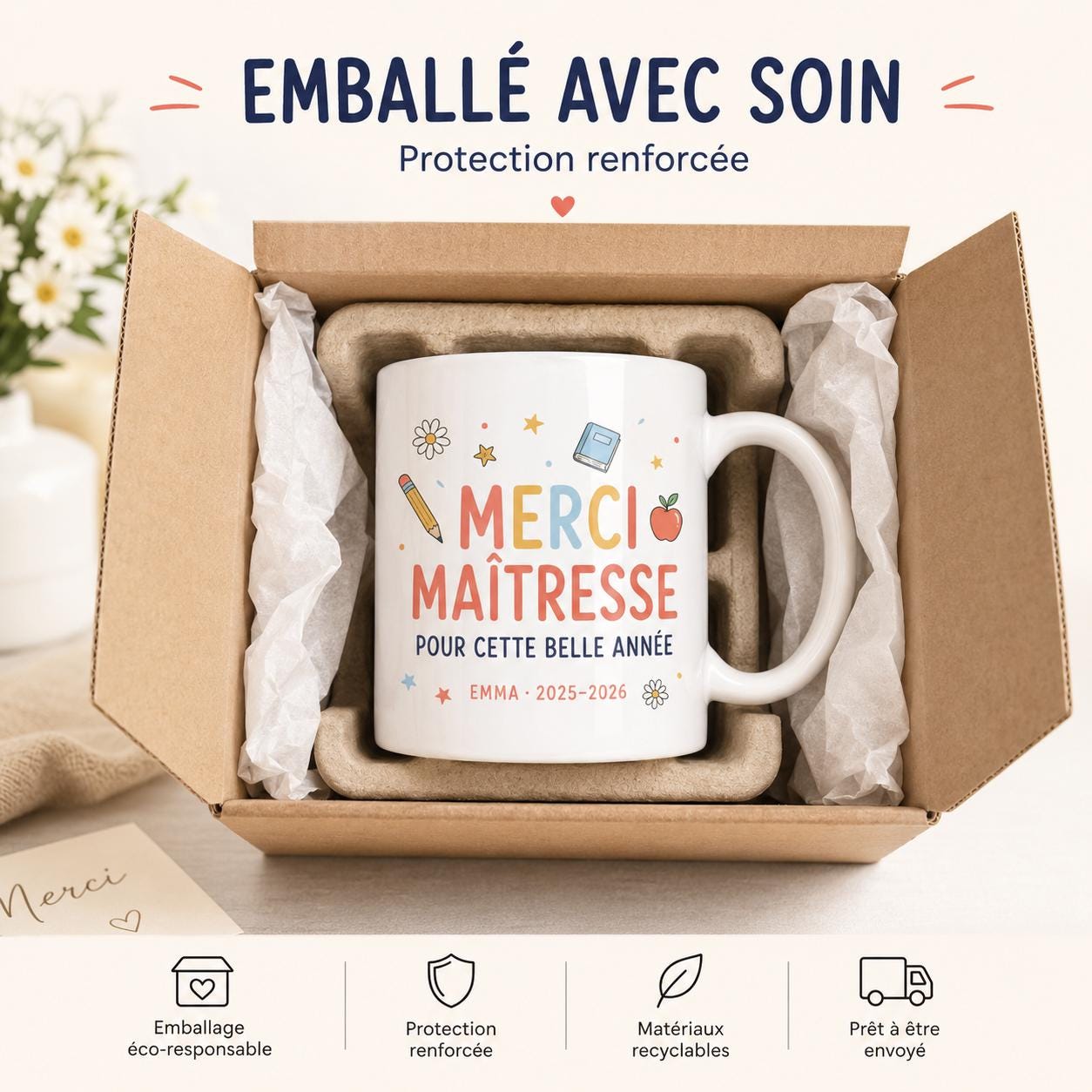 Mug merci maîtresse personnalisé fin d’année scolaire, cadeau institutrice, tasse prénom enfant pour enseignante