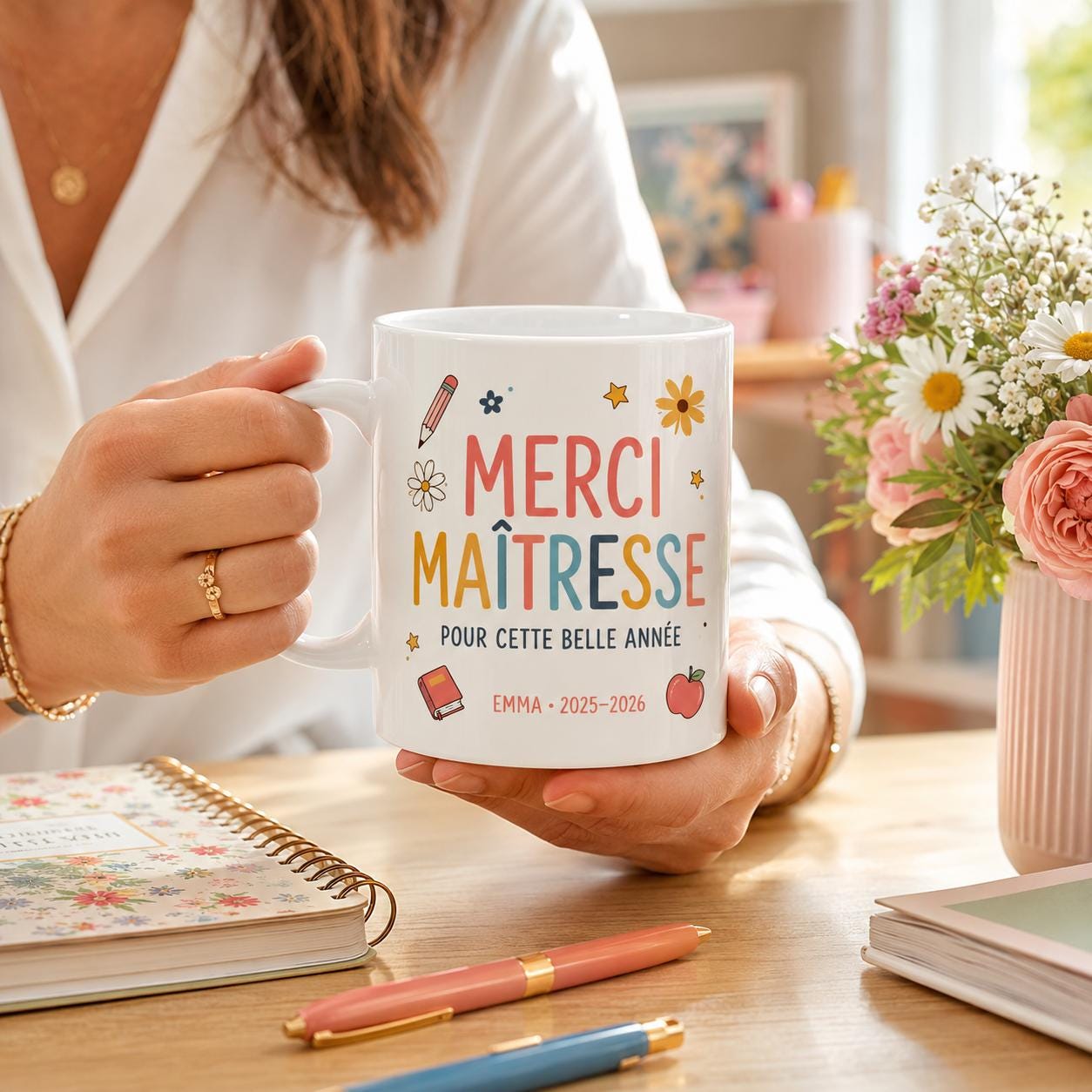 Mug merci maîtresse personnalisé fin d’année scolaire, cadeau institutrice, tasse prénom enfant pour enseignante