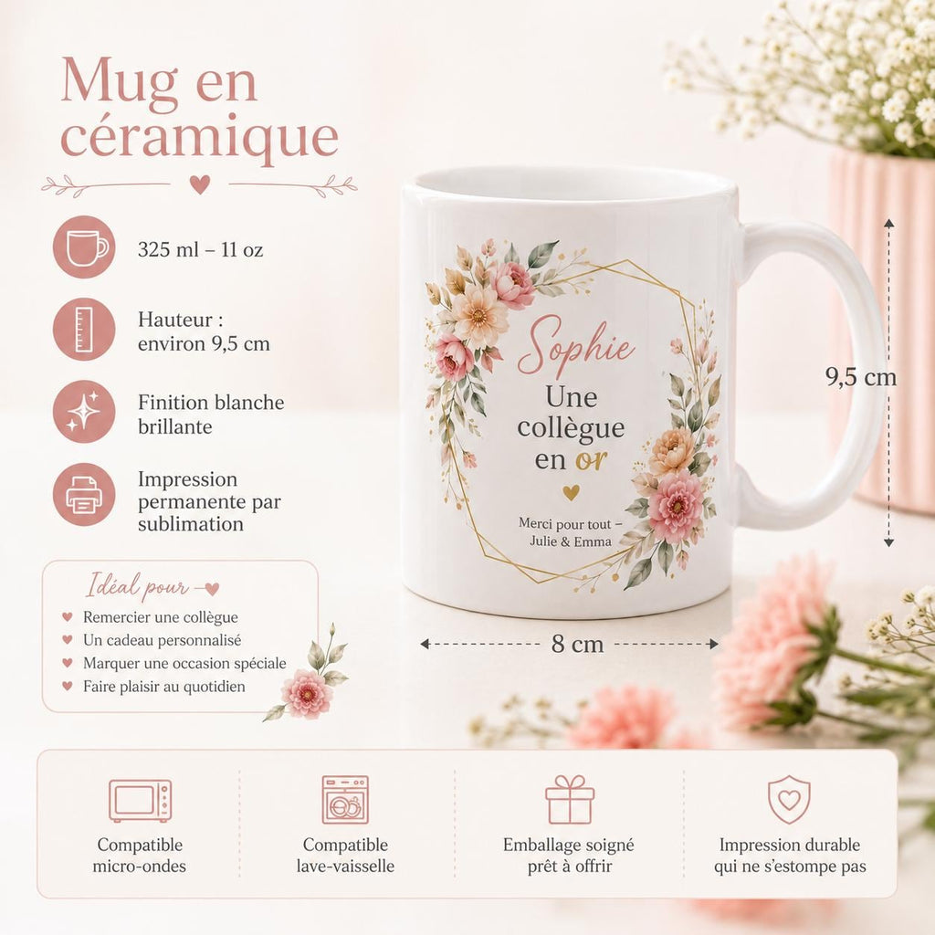Gros plan sur le prénom et le message personnalisés imprimés sur un mug pour collègue femme.