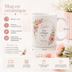 Gros plan sur le prénom et le message personnalisés imprimés sur un mug pour collègue femme.