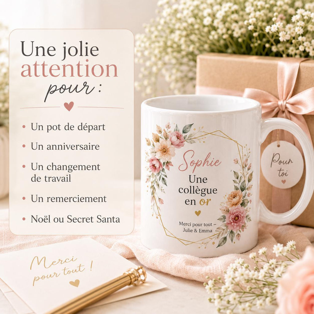 Mug collègue femme personnalisé avec prénom et message – tasse fleurie en céramique 325 ml
