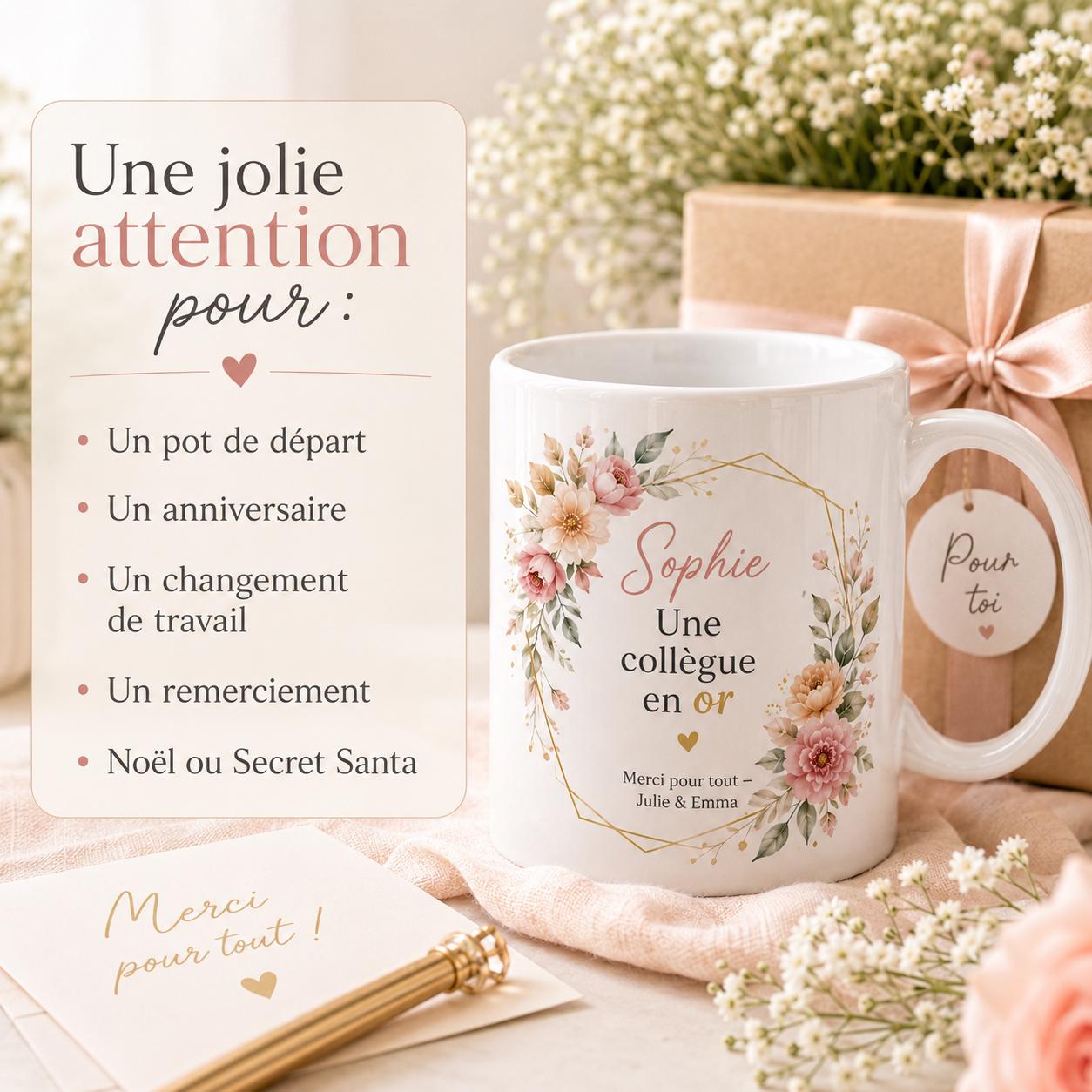 Mug collègue femme personnalisé avec prénom et message – tasse fleurie en céramique 325 ml