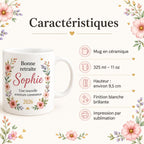 Mug retraite femme personnalisé avec prénom – cadeau de départ fleuri en céramique 325 ml