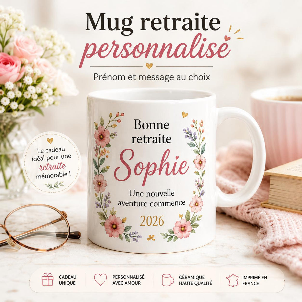 Mug retraite femme personnalisé avec prénom – cadeau de départ fleuri en céramique 325 ml