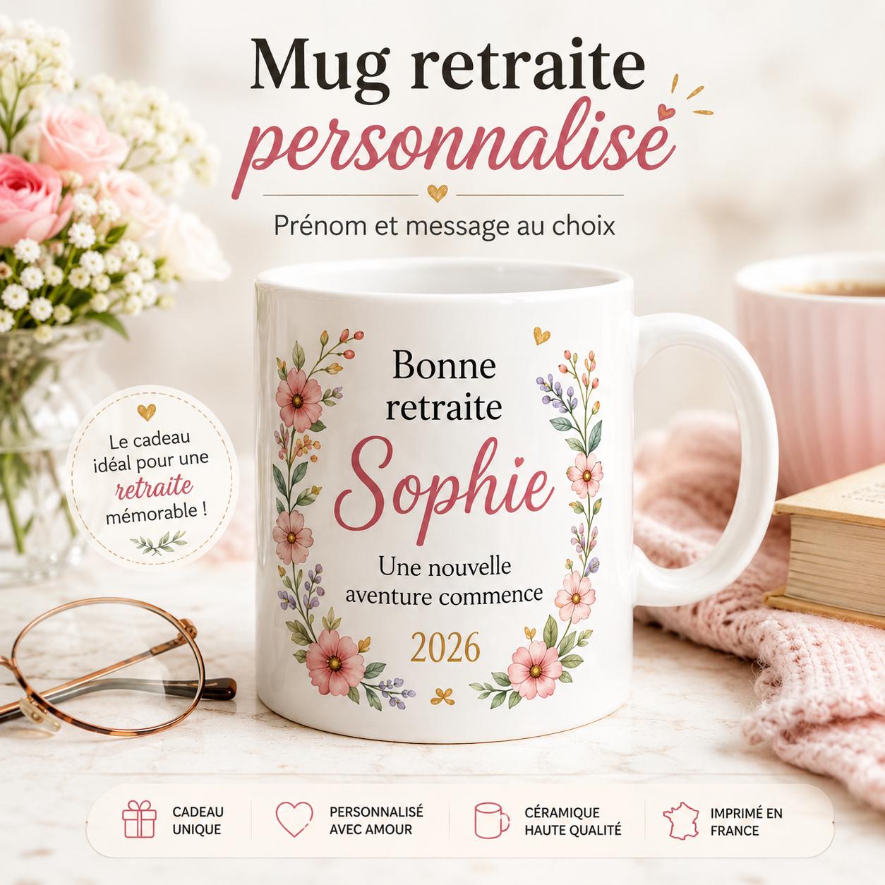 Mug retraite femme personnalisé avec prénom – cadeau de départ fleuri en céramique 325 ml