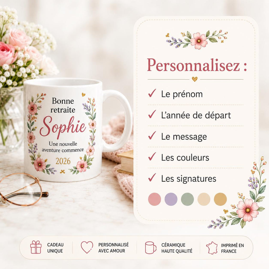 Mug retraite femme personnalisé avec prénom – cadeau de départ fleuri en céramique 325 ml