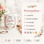 Mug retraite femme personnalisé avec prénom – cadeau de départ fleuri en céramique 325 ml