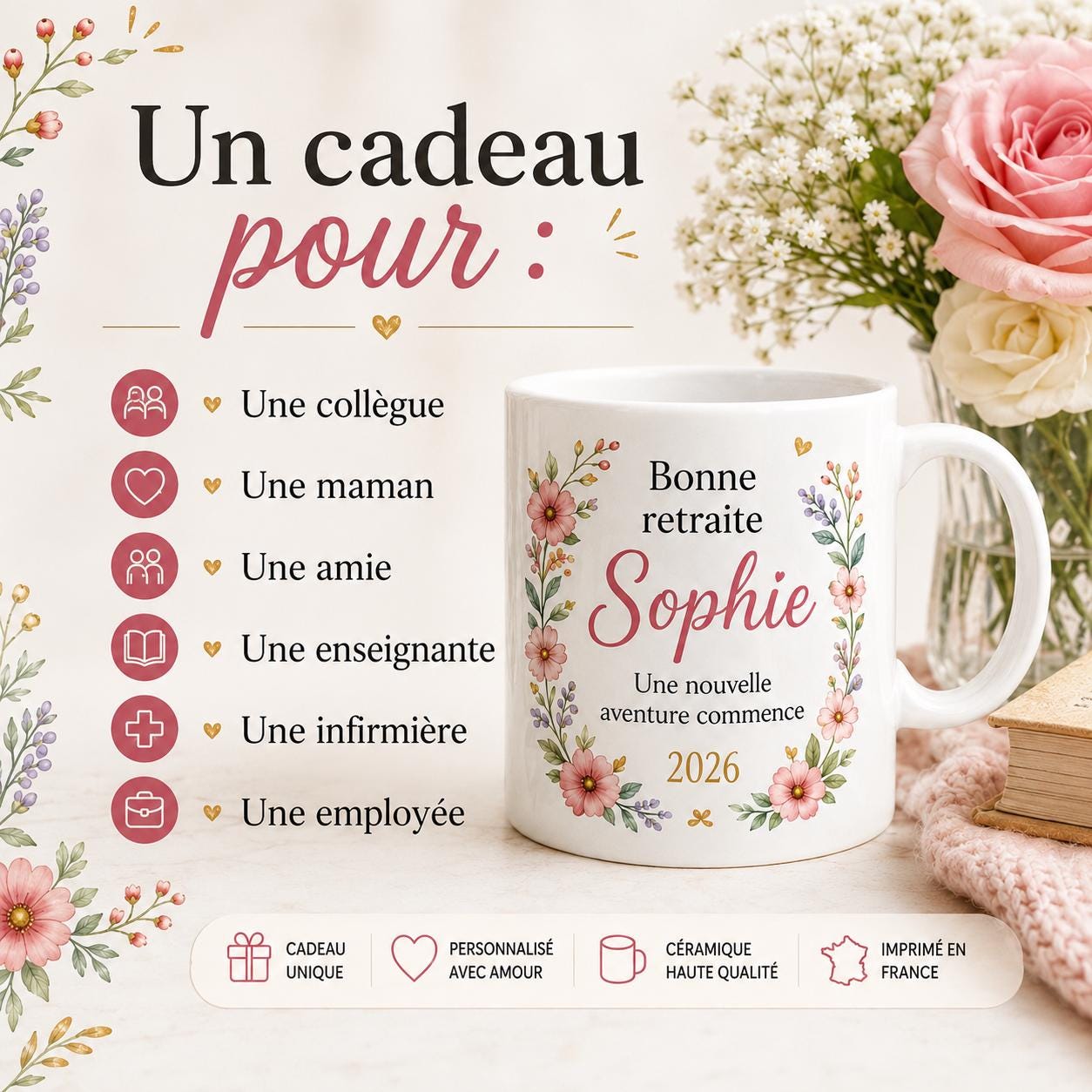 Mug retraite femme personnalisé avec prénom – cadeau de départ fleuri en céramique 325 ml