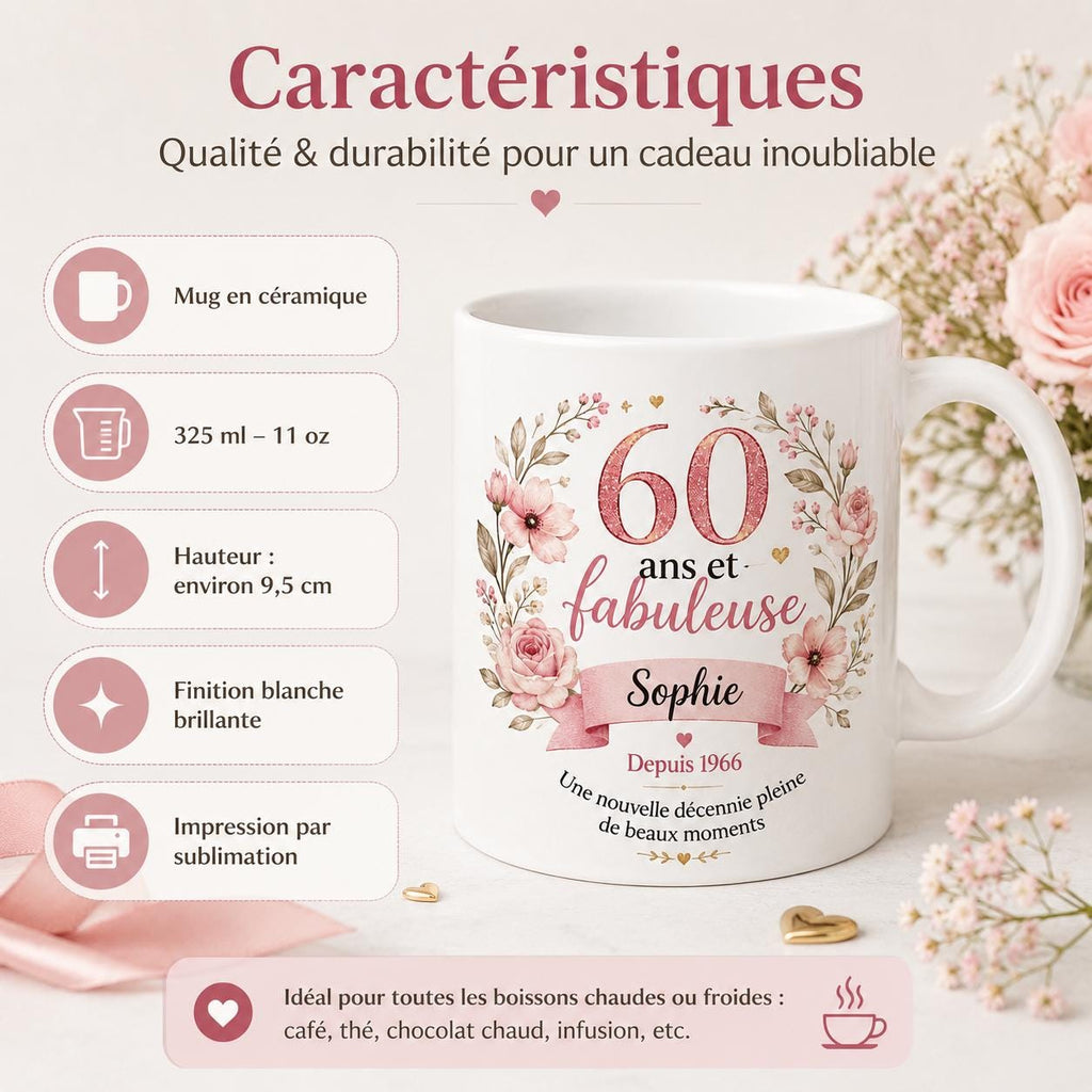 Mug 60 ans femme personnalisé avec prénom – cadeau anniversaire fleuri en céramique 325 ml