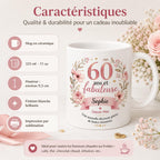 Mug 60 ans femme personnalisé avec prénom – cadeau anniversaire fleuri en céramique 325 ml