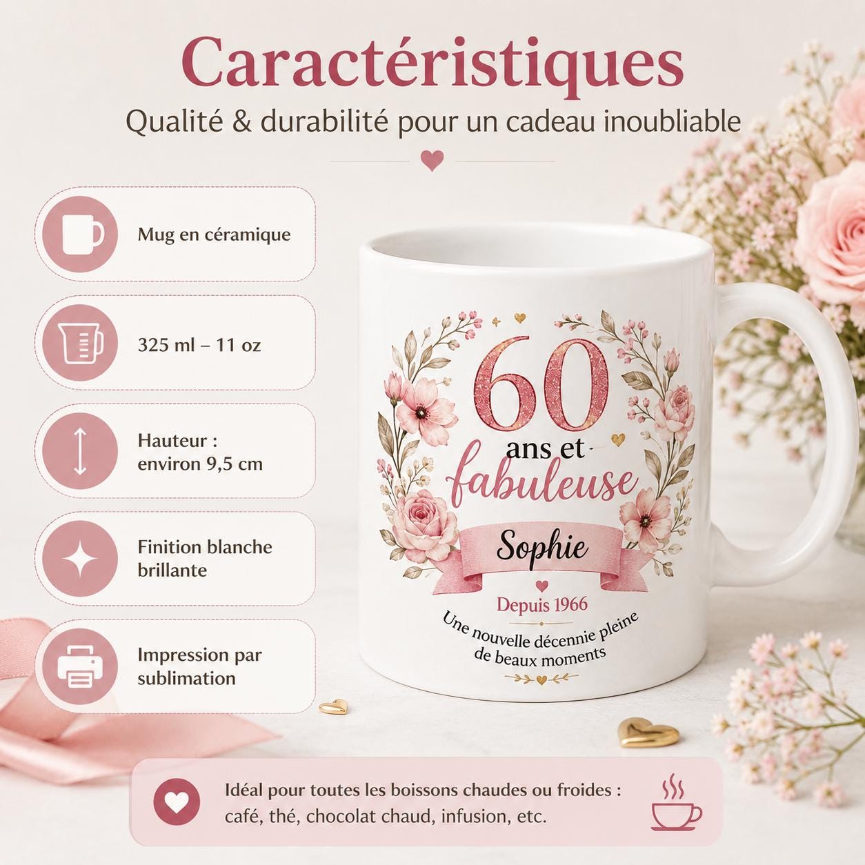 Mug 60 ans femme personnalisé avec prénom – cadeau anniversaire fleuri en céramique 325 ml
