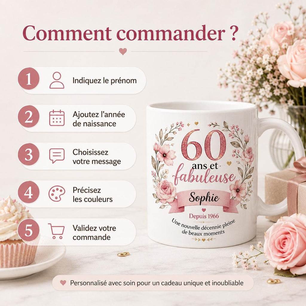 Mug 60 ans femme personnalisé avec prénom – cadeau anniversaire fleuri en céramique 325 ml