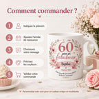 Mug 60 ans femme personnalisé avec prénom – cadeau anniversaire fleuri en céramique 325 ml