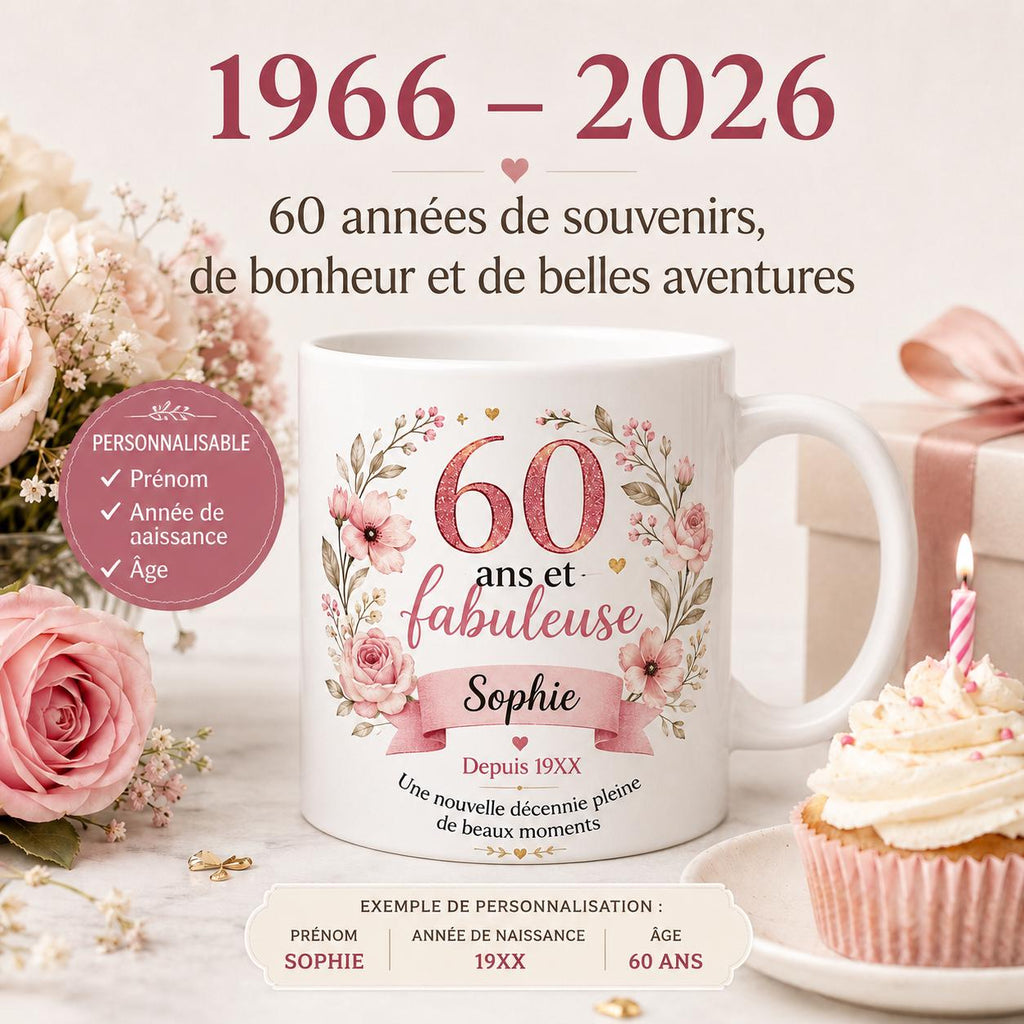 Mug 60 ans femme personnalisé avec prénom – cadeau anniversaire fleuri en céramique 325 ml
