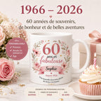 Mug 60 ans femme personnalisé avec prénom – cadeau anniversaire fleuri en céramique 325 ml