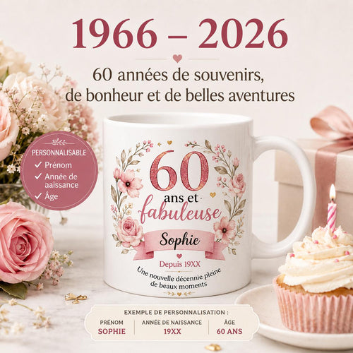 Mug 60 ans femme personnalisé avec prénom – cadeau anniversaire fleuri en céramique 325 ml