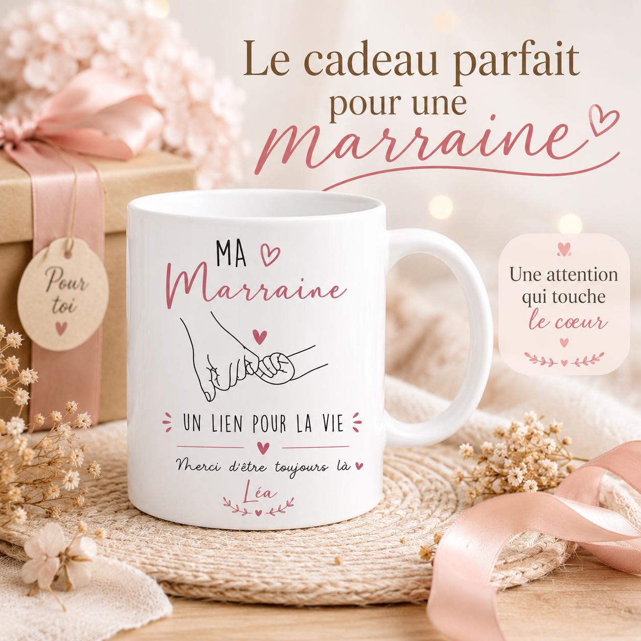 Mug marraine personnalisé avec prénom – Cadeau marraine original – Tasse céramique 325 ml – Baptême ou anniversaire