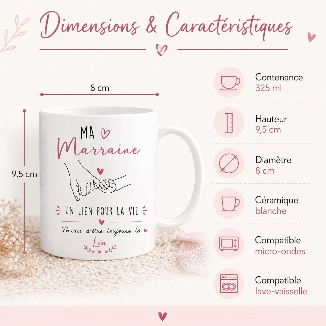 Mug marraine personnalisé avec prénom – Cadeau marraine original – Tasse céramique 325 ml – Baptême ou anniversaire