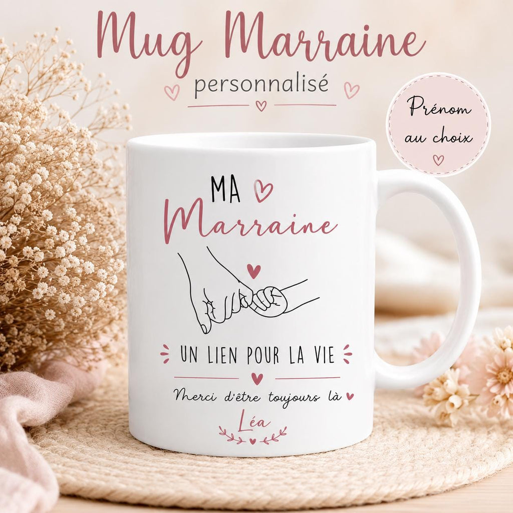 Mug marraine personnalisé avec prénom – Cadeau marraine original – Tasse céramique 325 ml – Baptême ou anniversaire