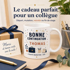 Mug départ collègue personnalisé, cadeau collègue humour ou merci, tasse prénom pour pot de départ et changement de travail