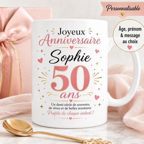 Mug anniversaire personnalisé âge 30 40 50 60 70 80 90 ans, tasse avec prénom, cadeau anniversaire original