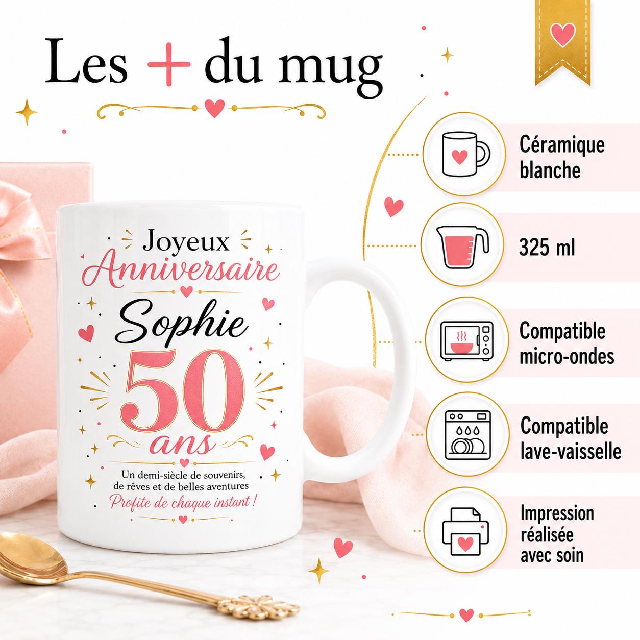 Mug anniversaire personnalisé âge 30 40 50 60 70 80 90 ans, tasse avec prénom, cadeau anniversaire original