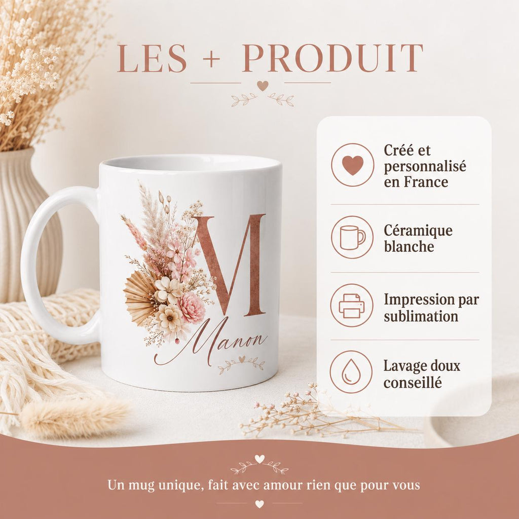 Mug bohème personnalisé avec initiale – Prénom et fleurs séchées