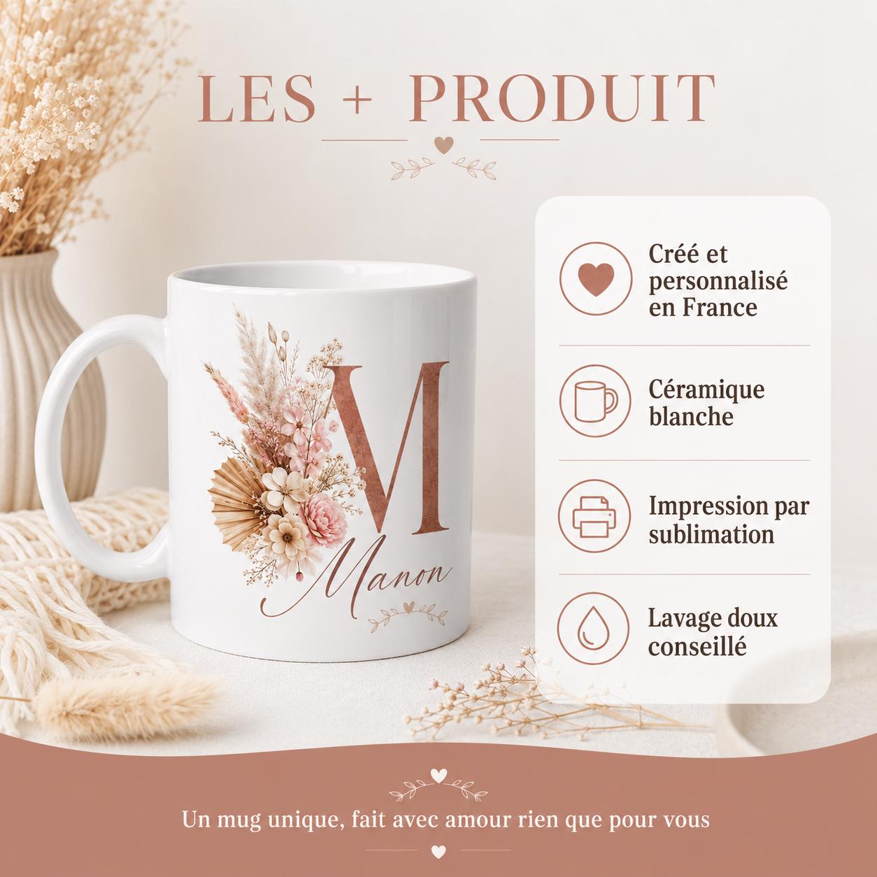 Mug bohème personnalisé avec initiale – Prénom et fleurs séchées