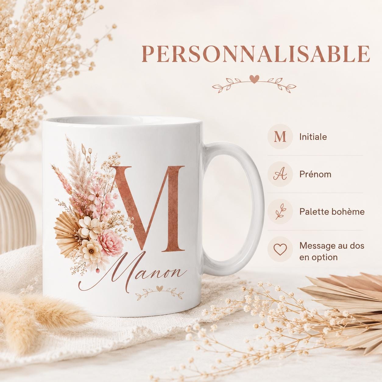 Mug bohème personnalisé avec initiale – Prénom et fleurs séchées