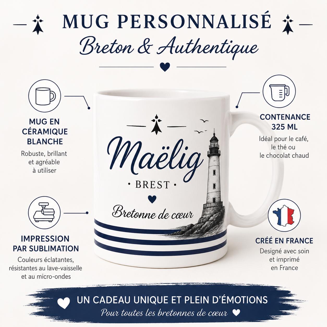Mug Bretagne personnalisé avec prénom – Cadeau Breton ou Bretonne