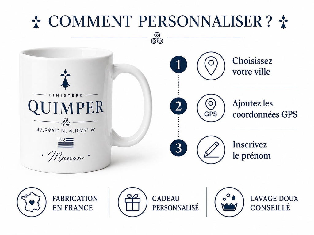 Mug Bretagne personnalisé avec ville – Coordonnées GPS et prénom