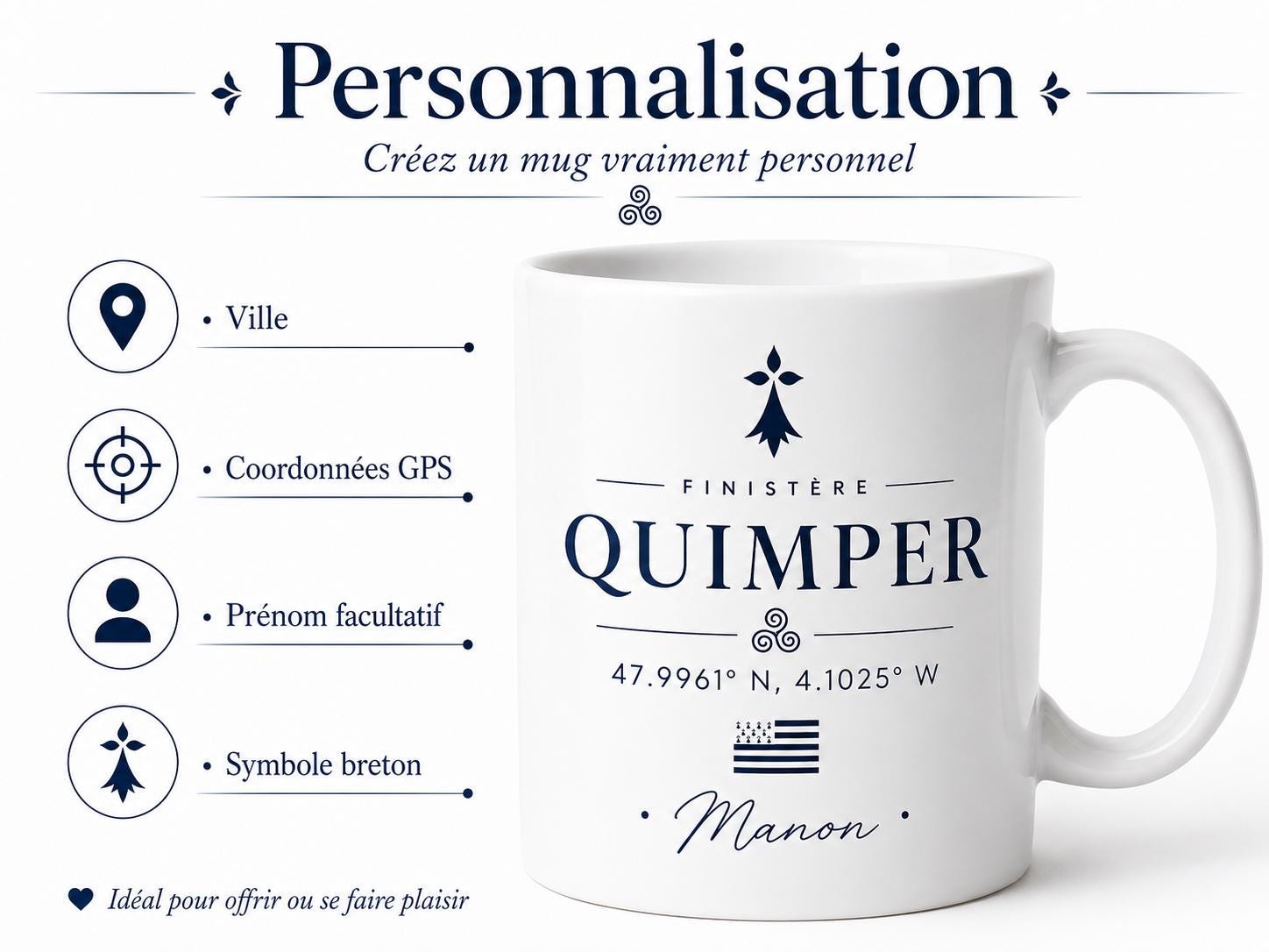 Mug Bretagne personnalisé avec ville – Coordonnées GPS et prénom