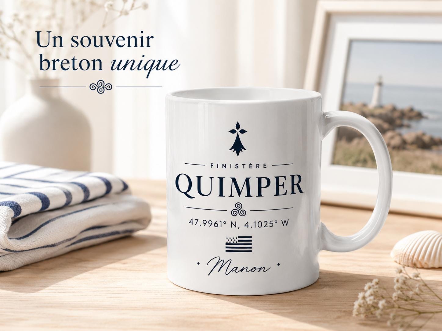 Mug Bretagne personnalisé avec ville – Coordonnées GPS et prénom