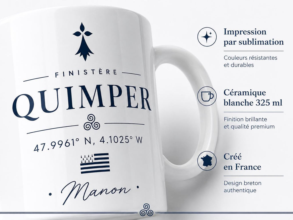Mug Bretagne personnalisé avec ville – Coordonnées GPS et prénom
