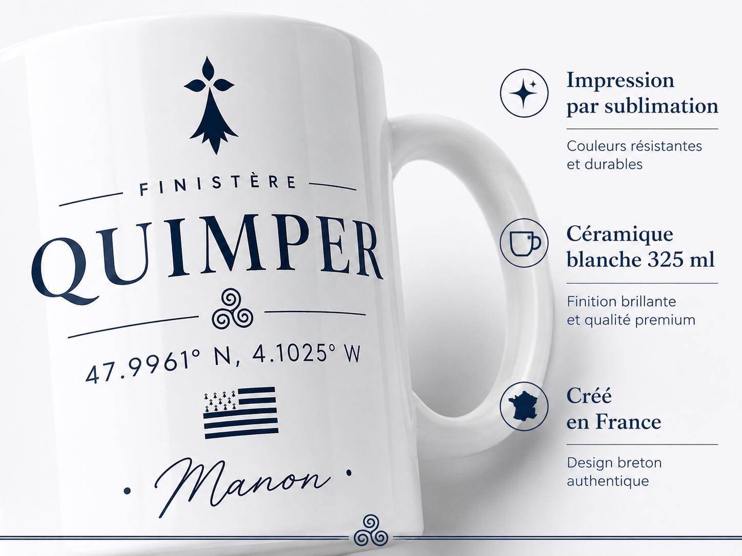 Mug Bretagne personnalisé avec ville – Coordonnées GPS et prénom