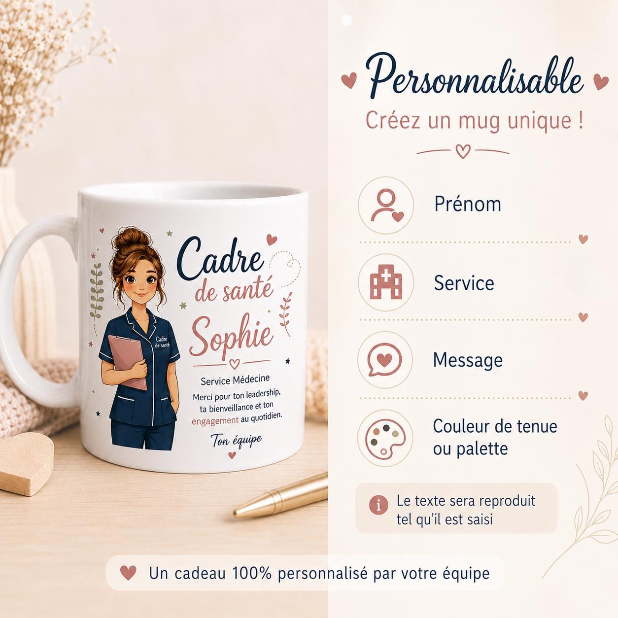 Mug cadre de santé personnalisé – Cadeau équipe avec prénom