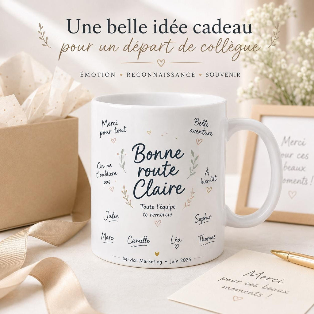 Mug départ collègue personnalisé – Messages et signatures de l’équipe