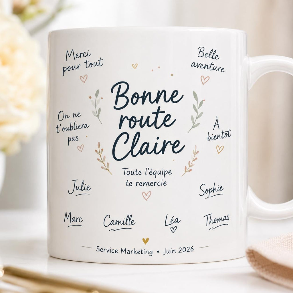 Mug départ collègue personnalisé – Messages et signatures de l’équipe