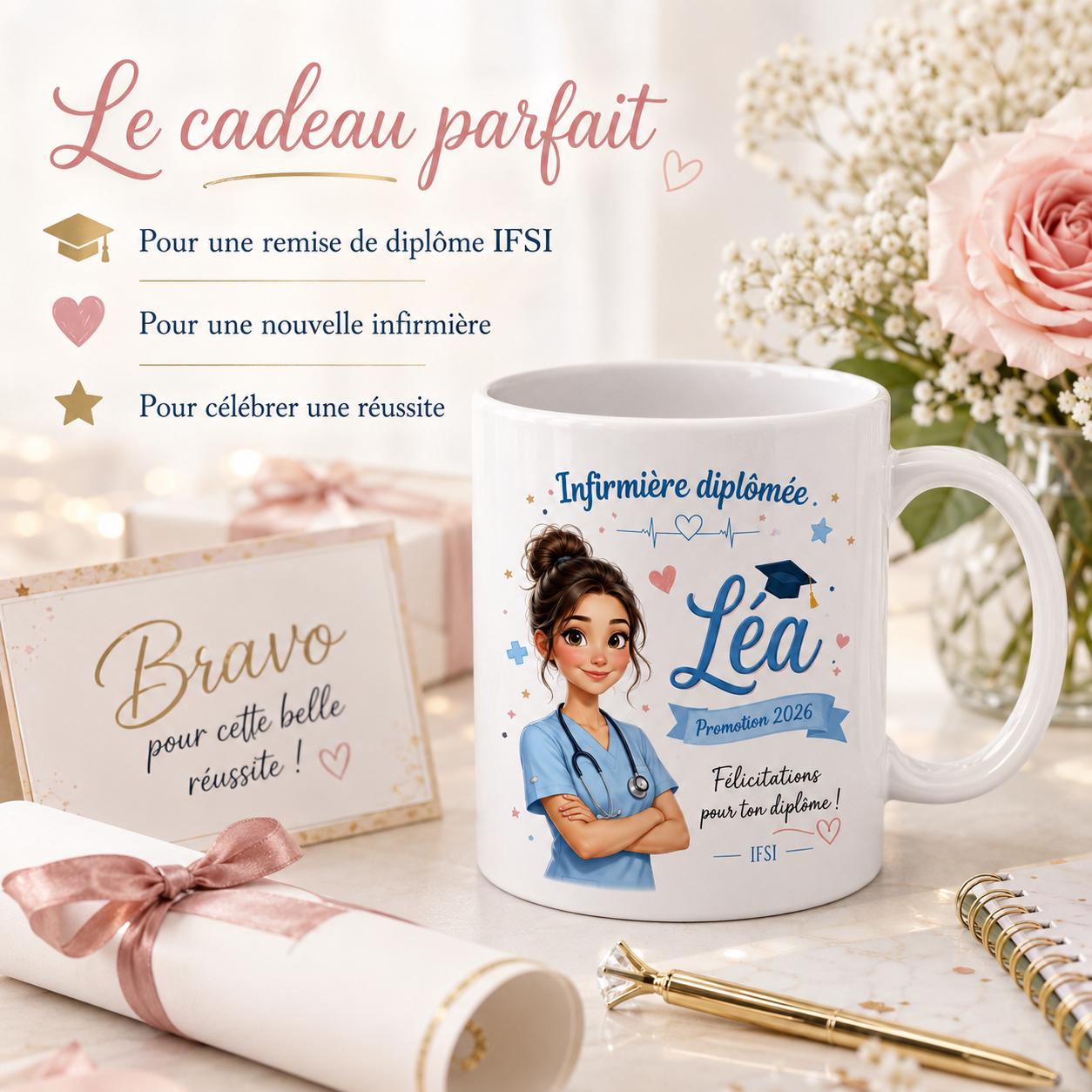 Mug infirmière diplômée personnalisé présenté comme cadeau prêt à offrir, créé et imprimé avec soin dans un atelier en France.