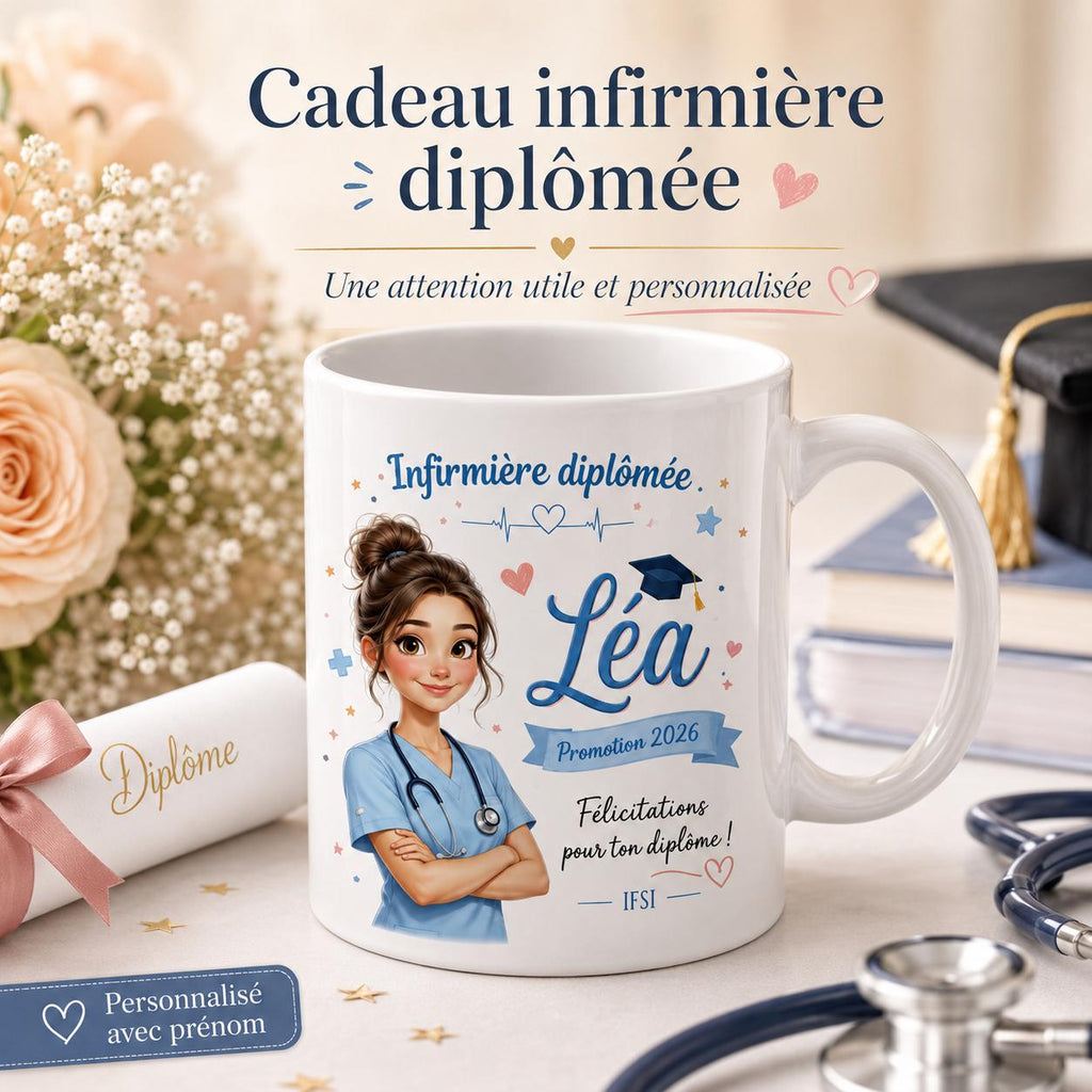 Mug infirmière diplômée personnalisé, cadeau réussite diplôme IFSI, tasse prénom nouvelle infirmière ou collègue